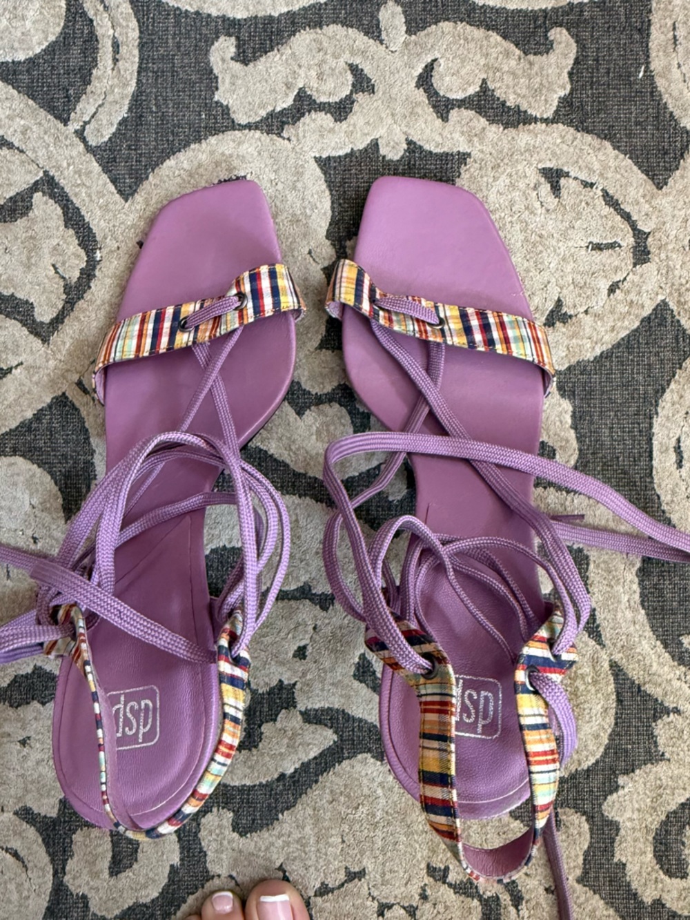 Vintage DSP purple plaid lace up strap, heeled sandals